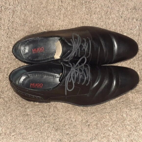 HUGO BOSS-Black Smooth Leather Lace-Up-Oxfords/Derby-Sz 8-Excellent - Picture 5 of 7